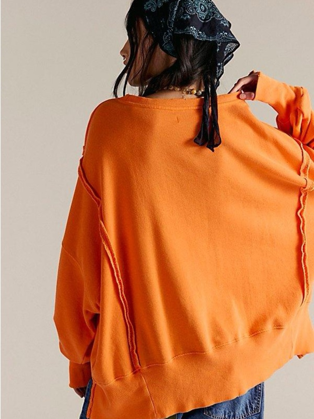 We The Free Orange Oversized Sweatshirt Womens XS Exposed Seam Pullover - Picture 2 of 16